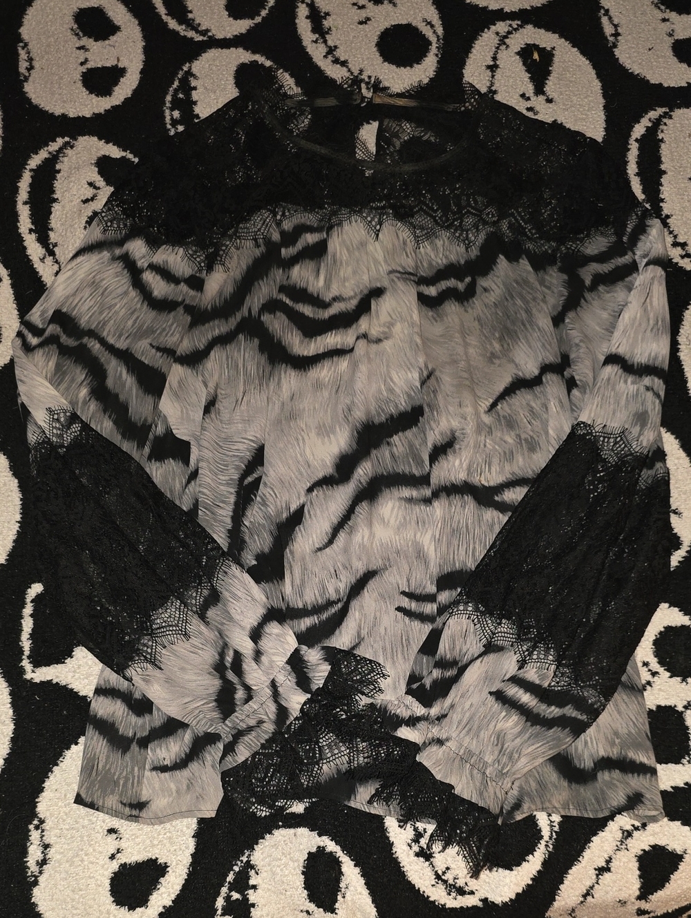 White House Black Market - Black Lace-Trim Zebra Print Long-Sleeve Top (L)